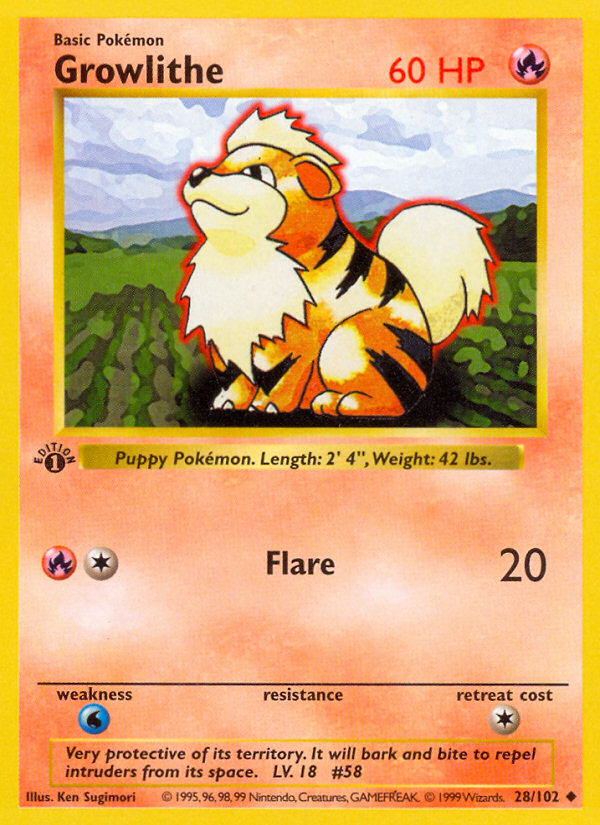 Growlithe (28/102) (Shadowless) [Base Set 1st Edition] Pokémon