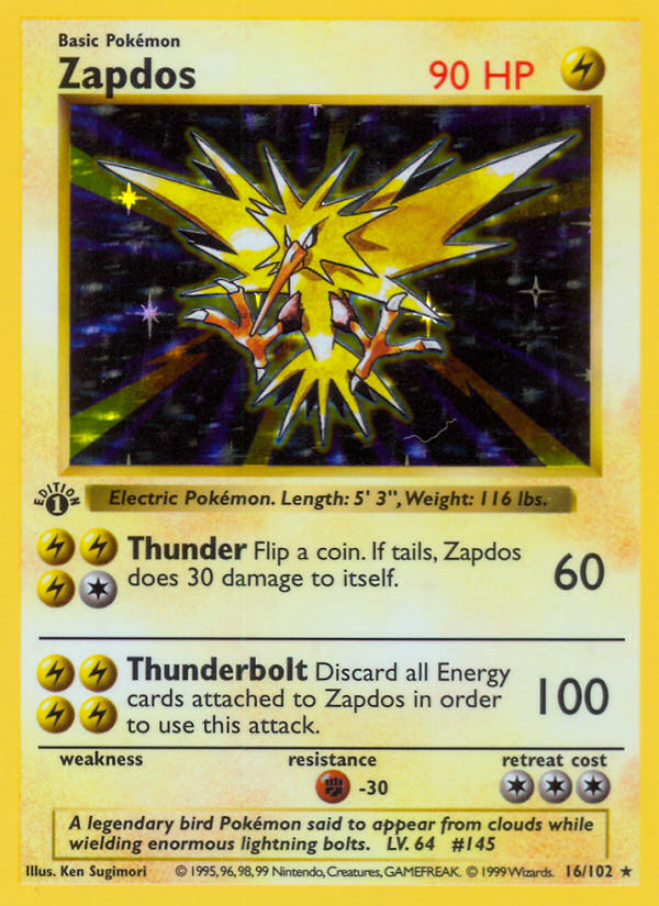 Zapdos (16/102) (Shadowless) [Base Set 1st Edition] Pokémon