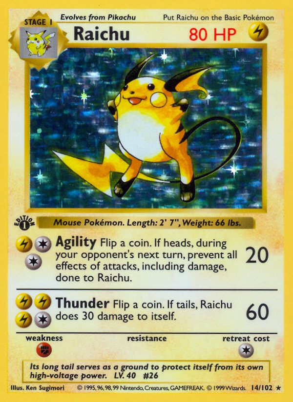 Raichu (14/102) (Shadowless) [Base Set 1st Edition] Pokémon