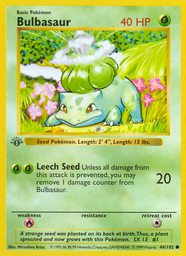 Bulbasaur (44/102) (Shadowless) [Base Set 1st Edition] Pokémon