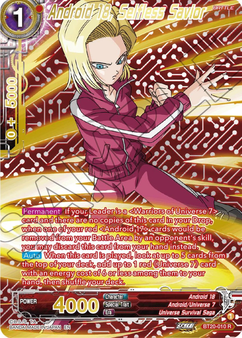 Android 18, Selfless Savior (Gold-Stamped) (BT20-010) [Power Absorbed] Dragon Ball Super